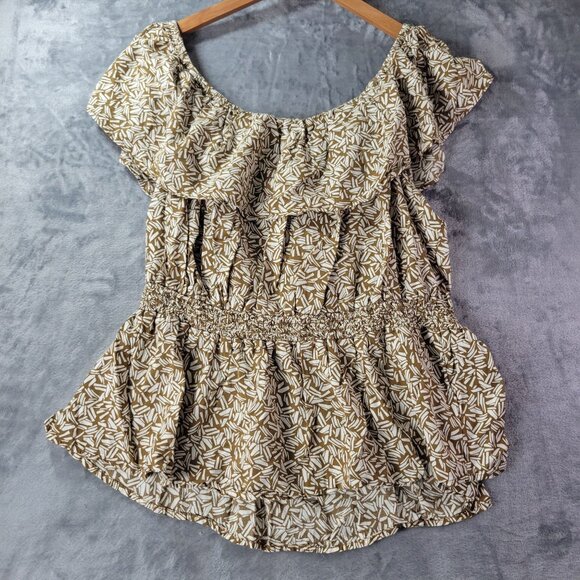 Old Navy Women 2X Brown White Print Flutter Sleeve Smocked Waist Peplum Top Boho - Picture 1 of 11